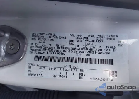 2020 Lincoln Corsair Standard z USA, uszkodzony, nr VIN 5LMCJ1D92LUL03683